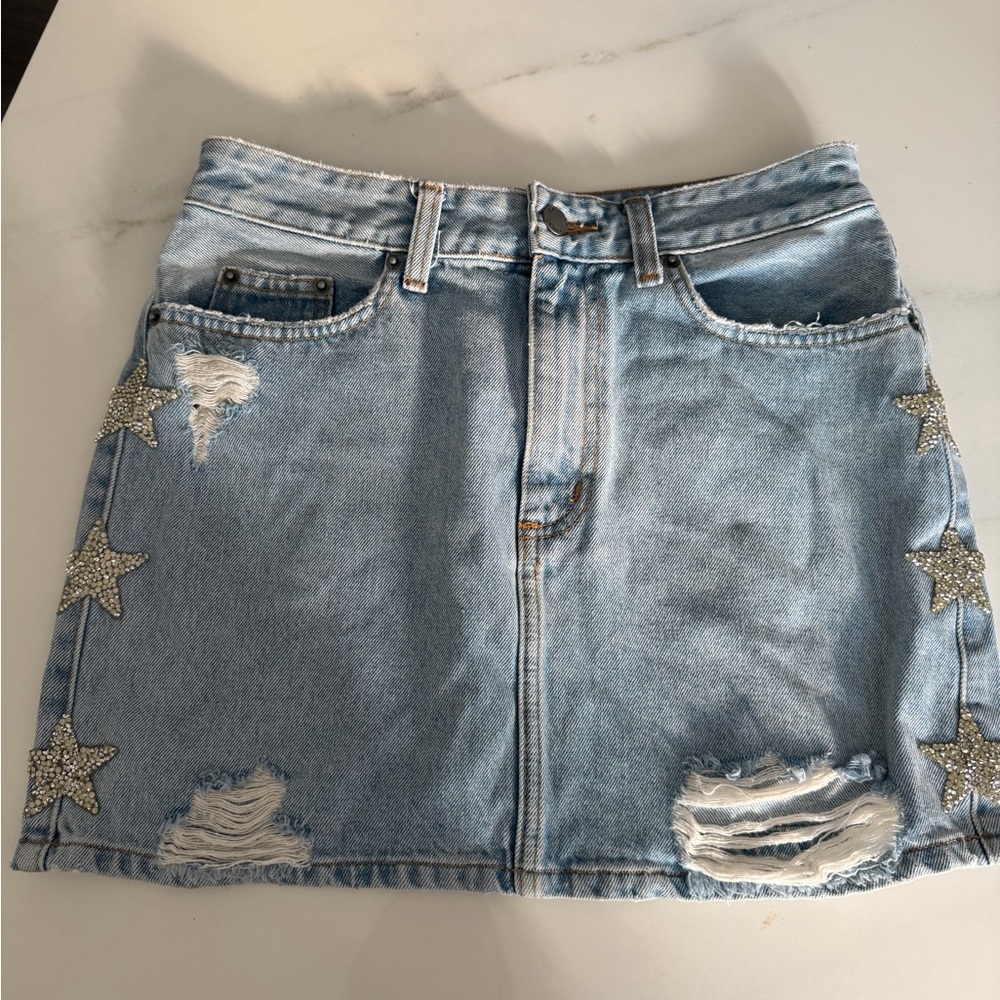 Carmar Colin Denim skirt with crystal star patches